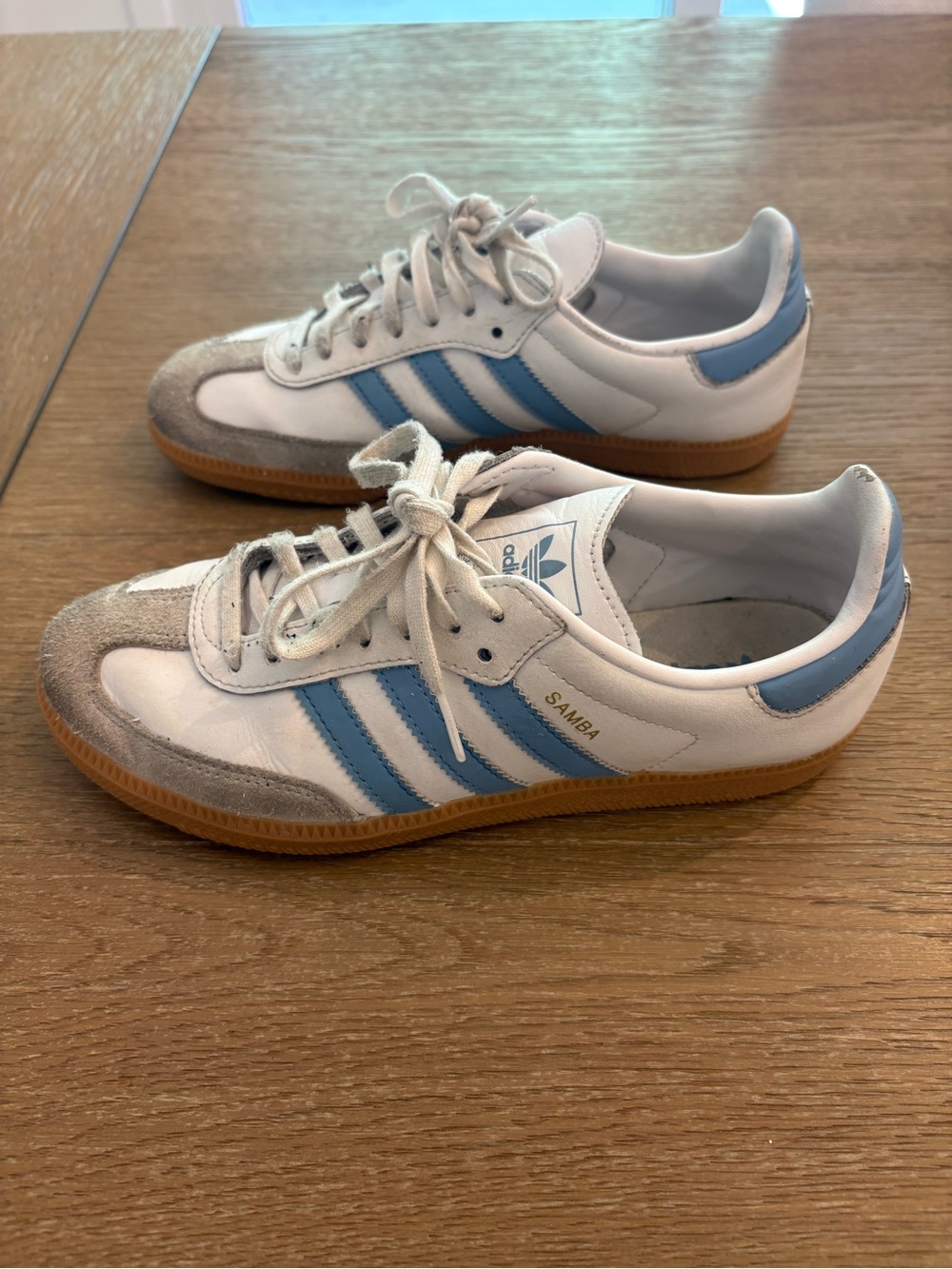 adidas White and Light Blue Samba Sneakers with Gum Sole woman’s 5.5